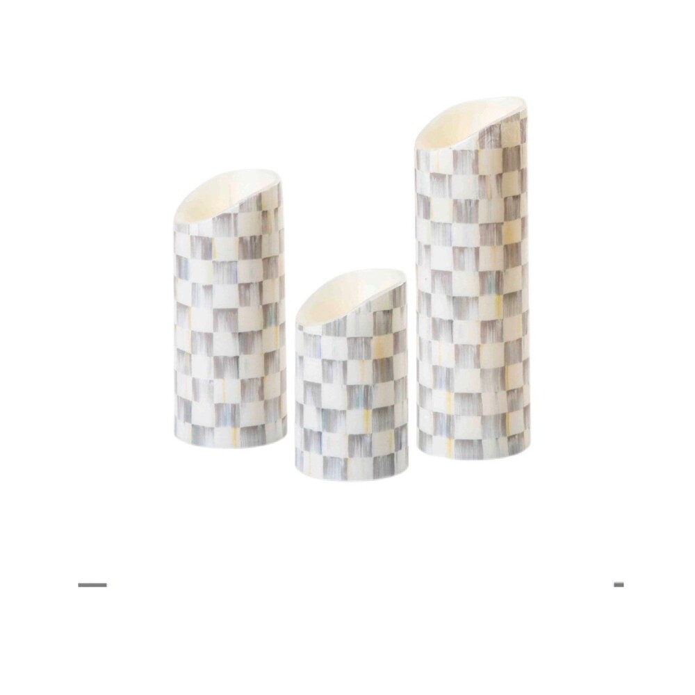MacKenzie-Childs Courtly Check Flicker Pillar  Candles, Gift Set of 3 New In Box